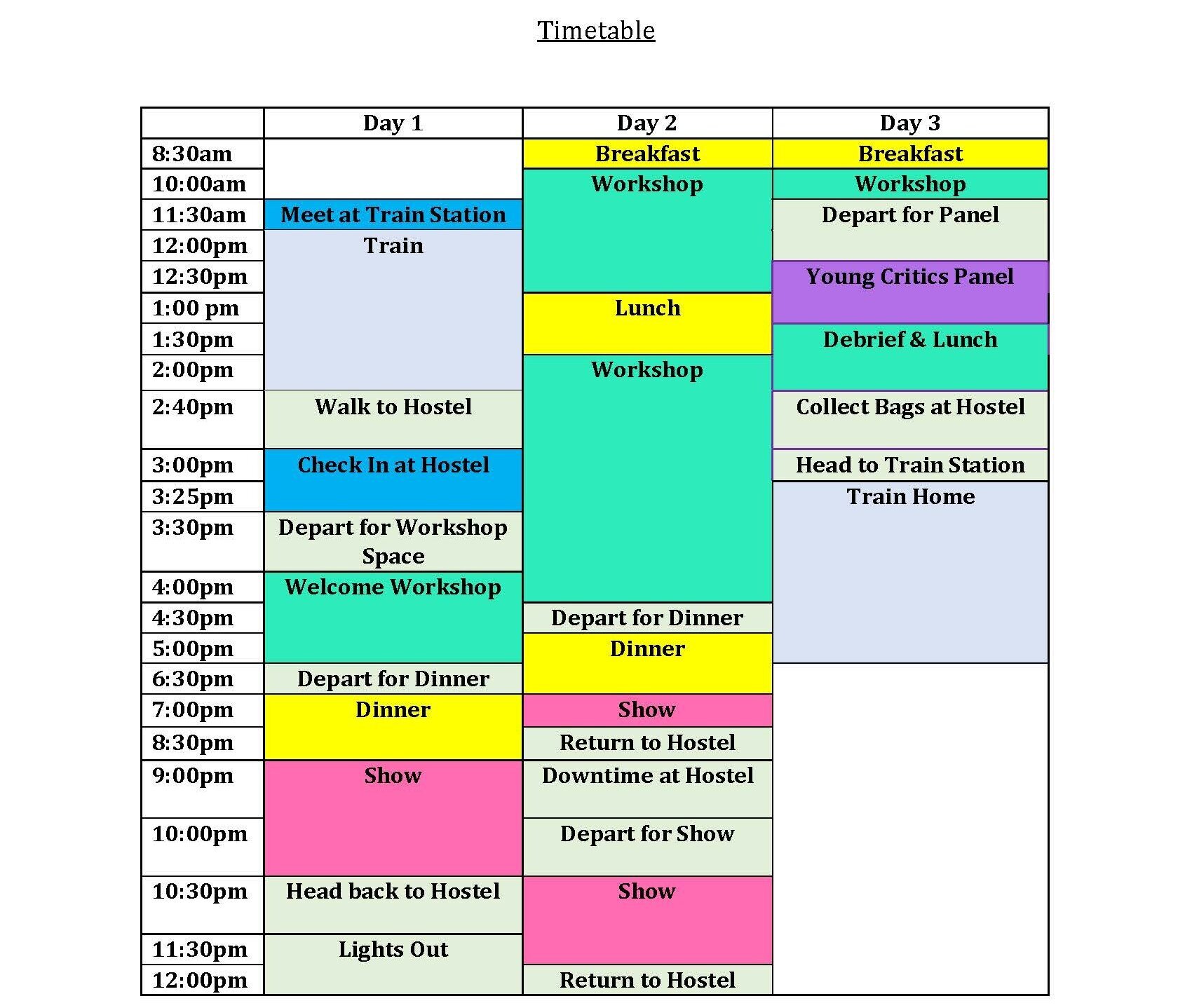Young Critics Sample Timetable