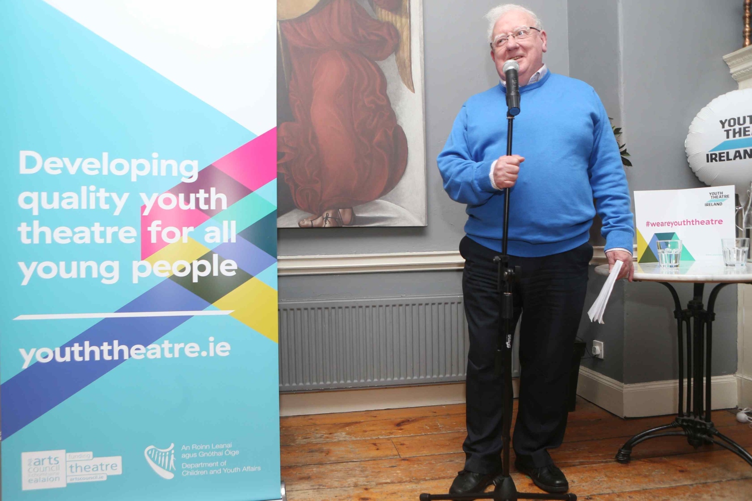 Paddy O Dwyer speaking at the rebrand launch of Youth Theatre Ireland in 2017